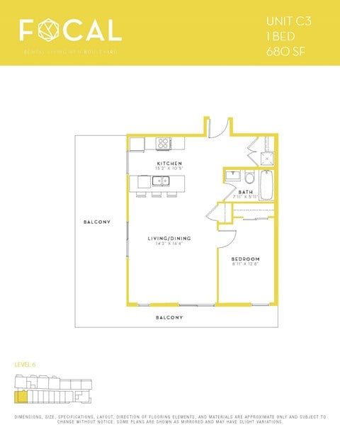 Floor plan for 1 bed, 1 bath, 705 sqft